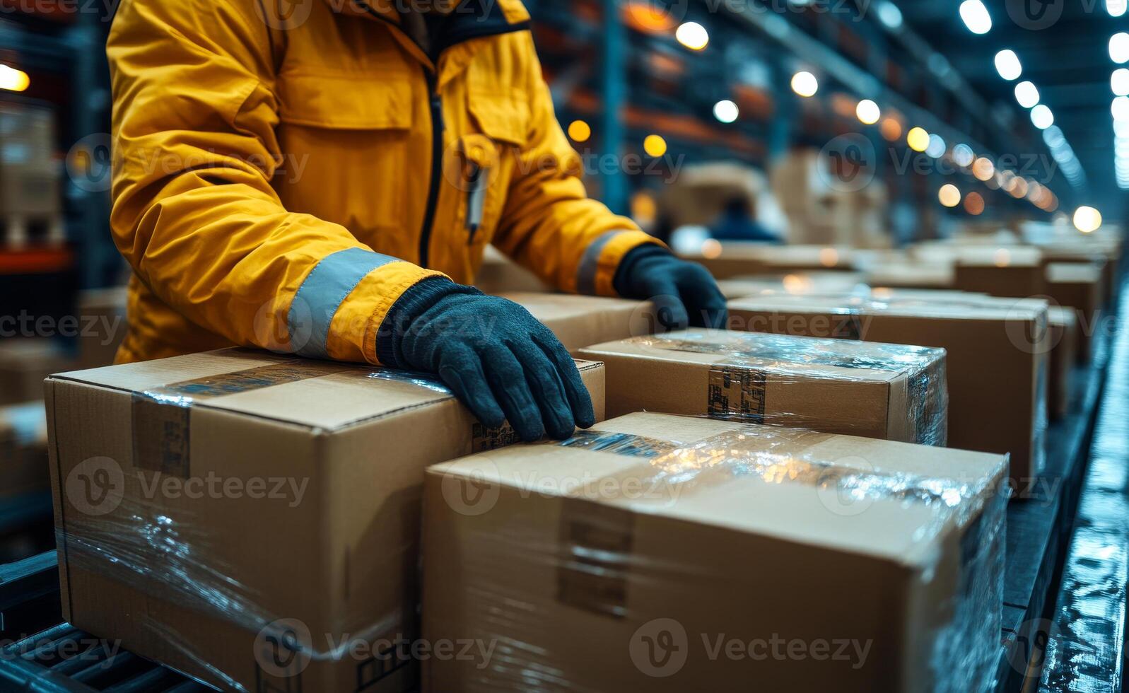 A man in a yellow jacket is handling boxes in a warehouse. The boxes are stacked on top of each other, and the man is wearing gloves. Concept of order and organization. photo