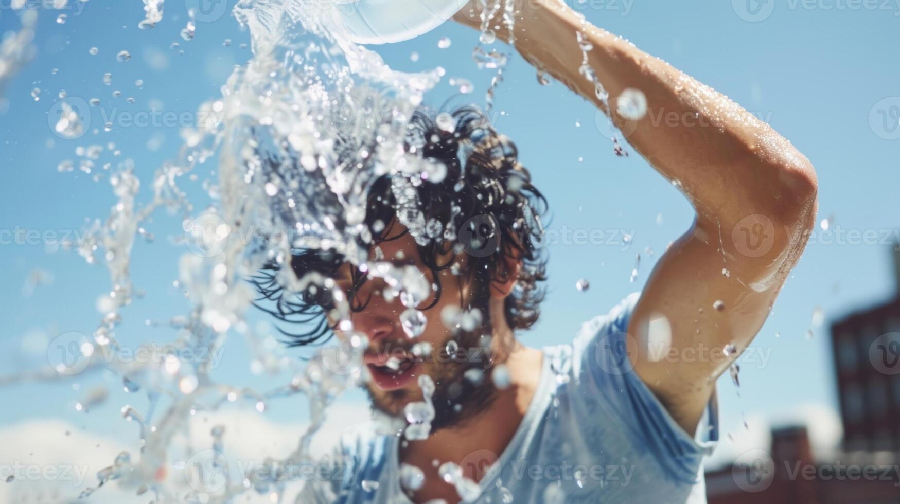 A person pouring a bucket of icecold water over their head experiencing an immediate boost in energy and focus photo
