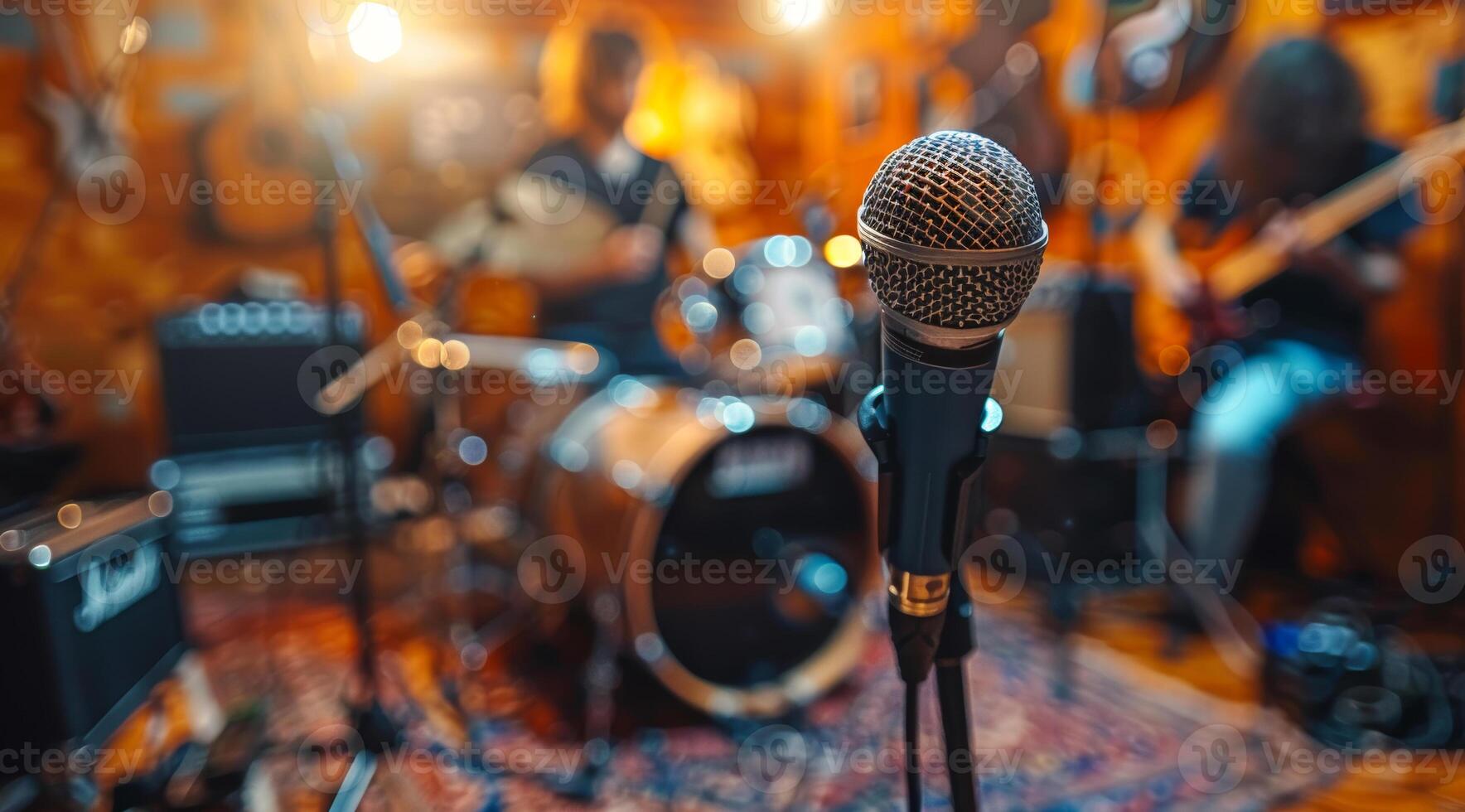 A microphone is in front of a drum set and a guitar. The microphone is pointed at the camera. photo