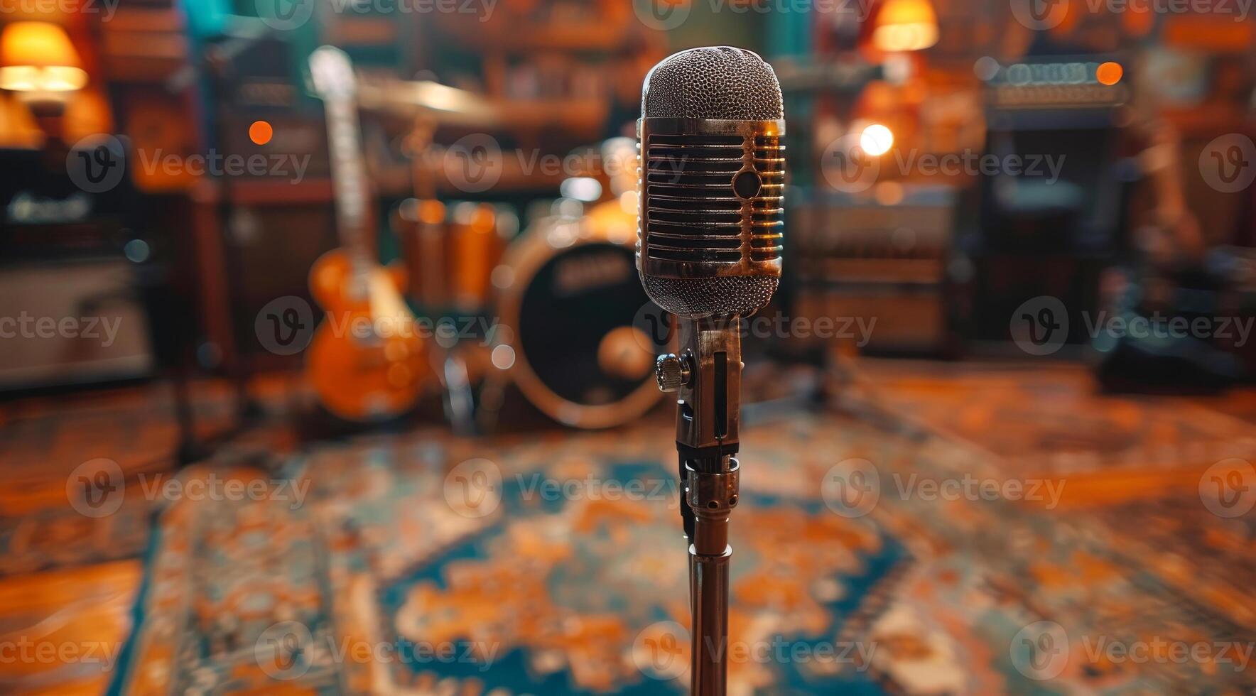 A microphone is in front of a drum set and a guitar. The microphone is black and silver. photo