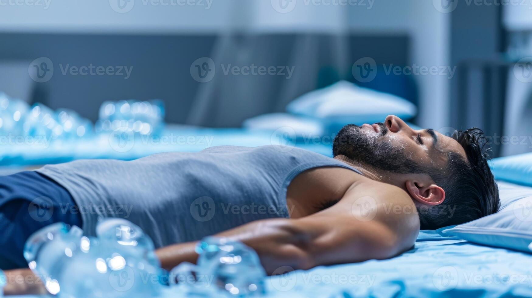 An athlete lying on a bed with multiple ice packs on their body a common form of cryotherapy for reducing inflammation photo