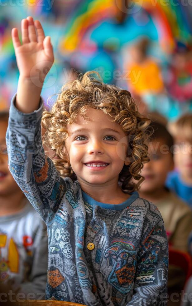A young boy with curly hair is raising his hand in the air. He is smiling and he is happy. The image captures a moment of joy and excitement, possibly during a school event or a celebration. photo