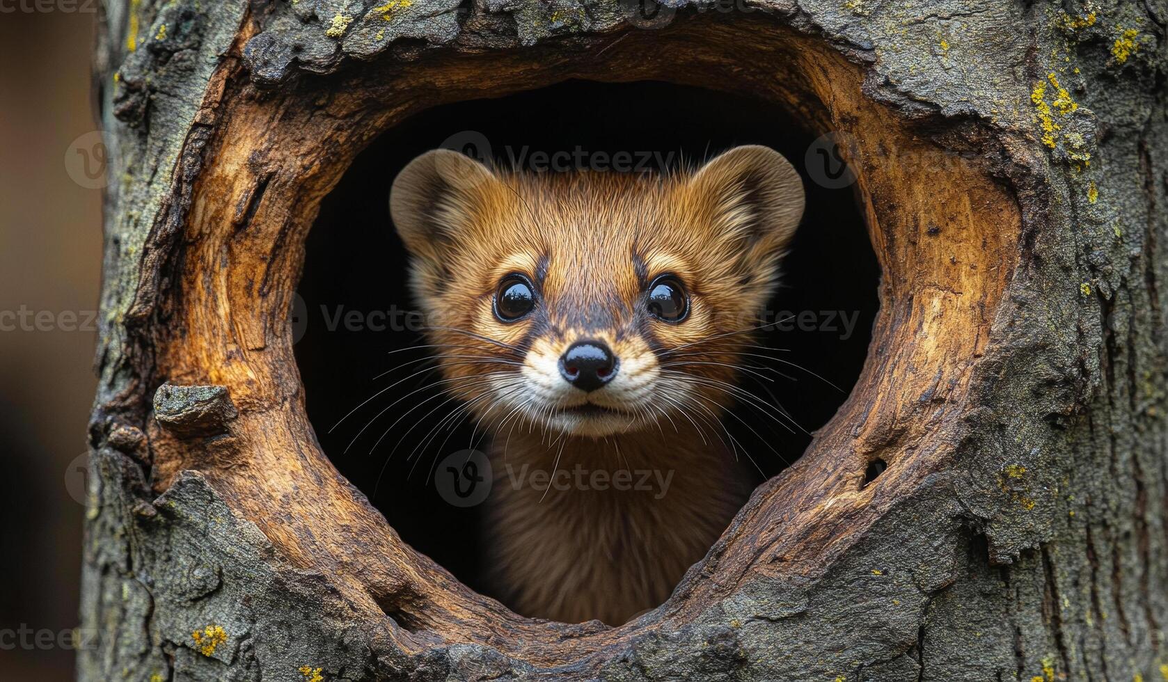 A small animal is peeking out of a hole in a tree trunk. The animal appears to be a squirrel, and it is looking up at the camera. The scene is peaceful and quiet. photo
