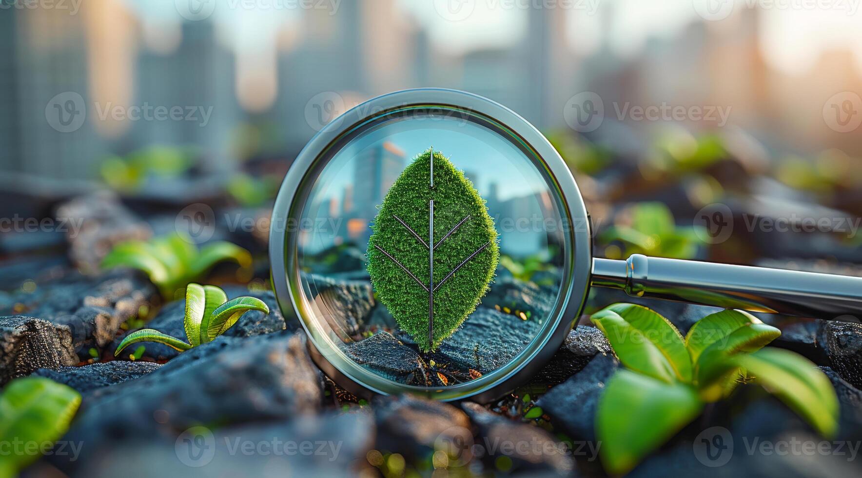A close up of a leaf with a city in the background. The city is a mix of buildings and trees, giving the impression of a bustling urban environment. photo
