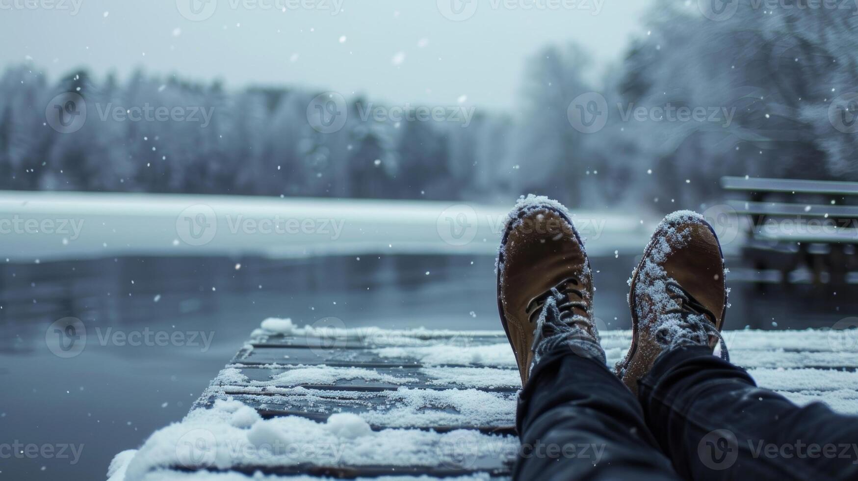 A person sitting on a dock gazing out at the winter wonderland while their feet dangle in the freezing lake photo