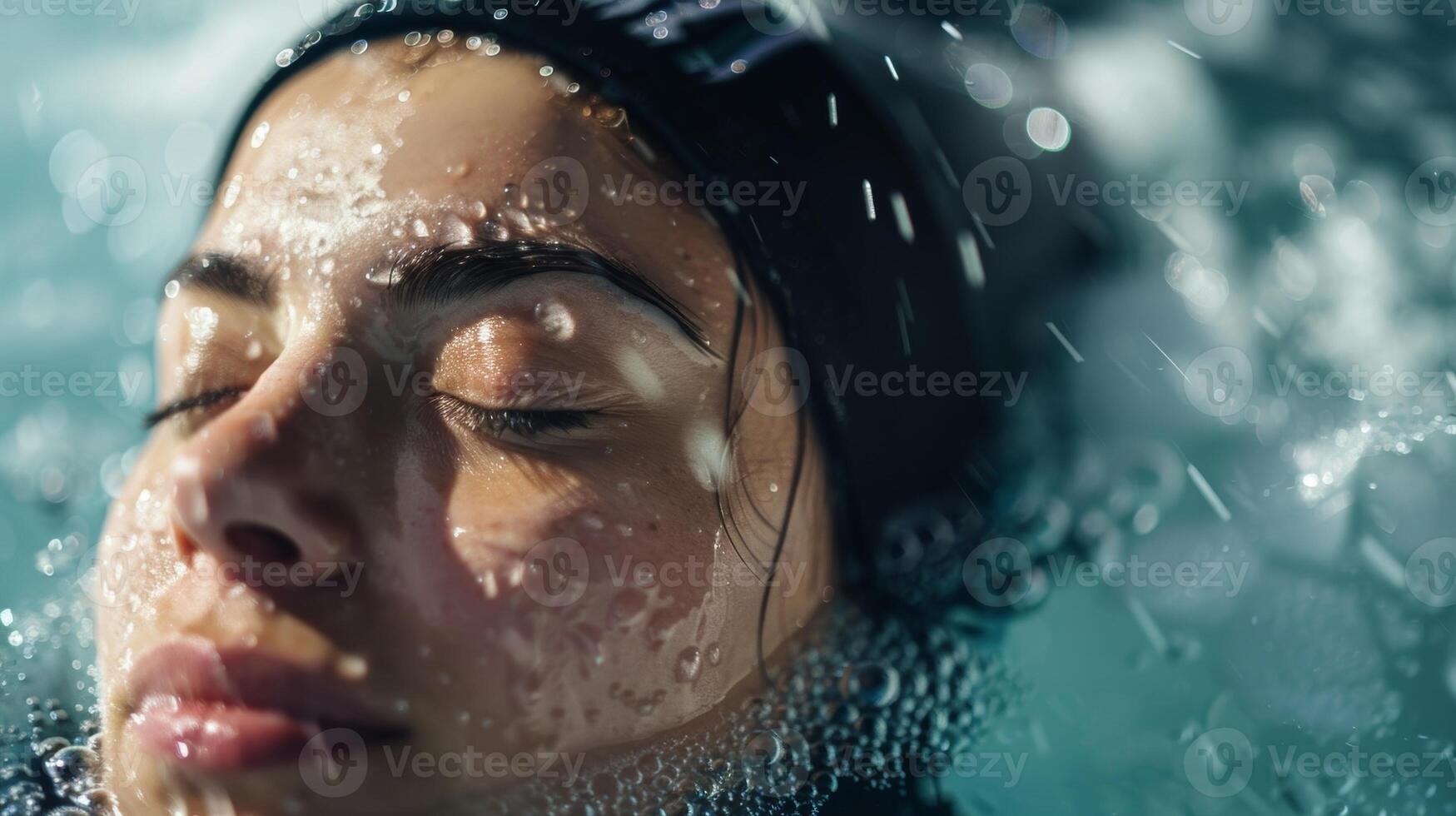 A determined female athlete sits with her eyes closed soaking in the icy water after a long workout photo