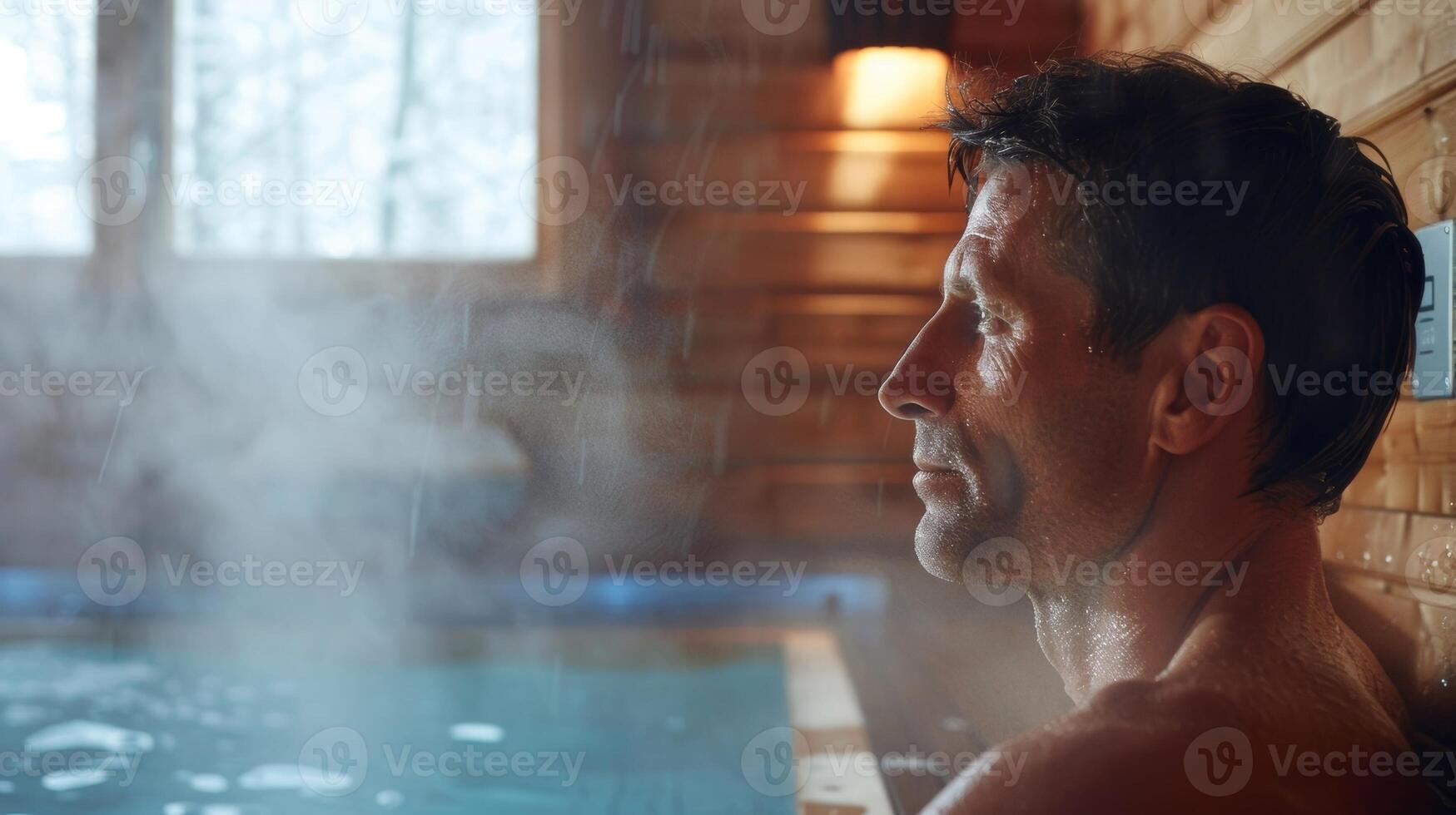 A man sits in a sauna sweating profusely as he prepares for a dip in the cold plunge pool next to it photo