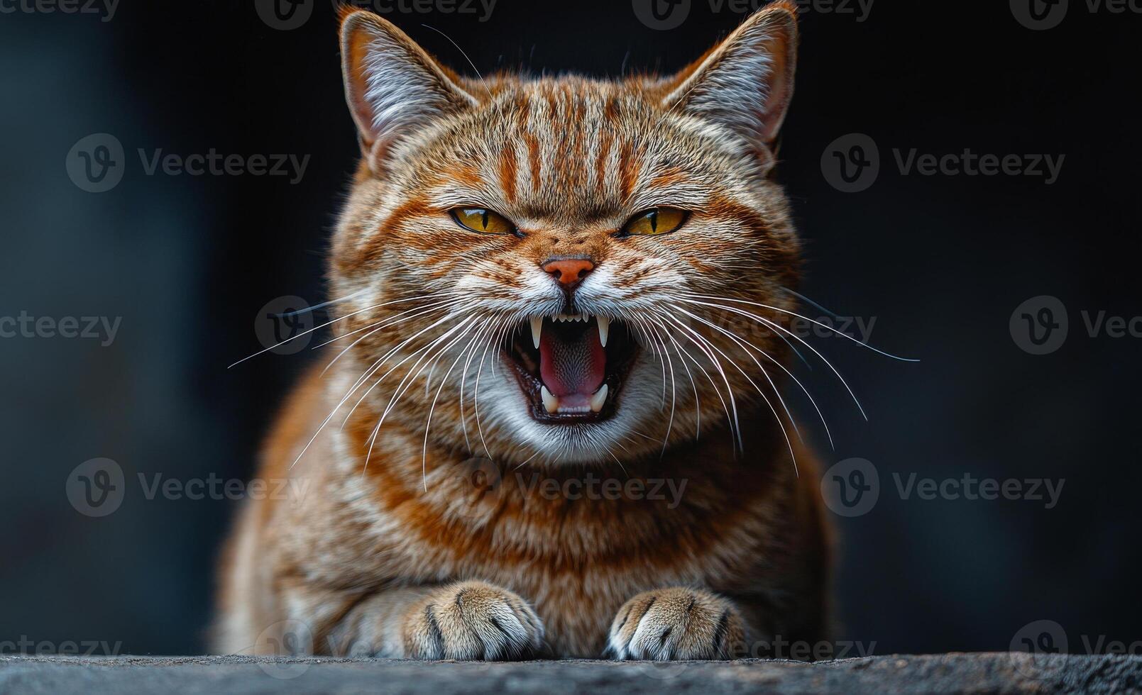 A cat with its mouth open and teeth bared, looking angry. The cat is orange and has black stripes. photo