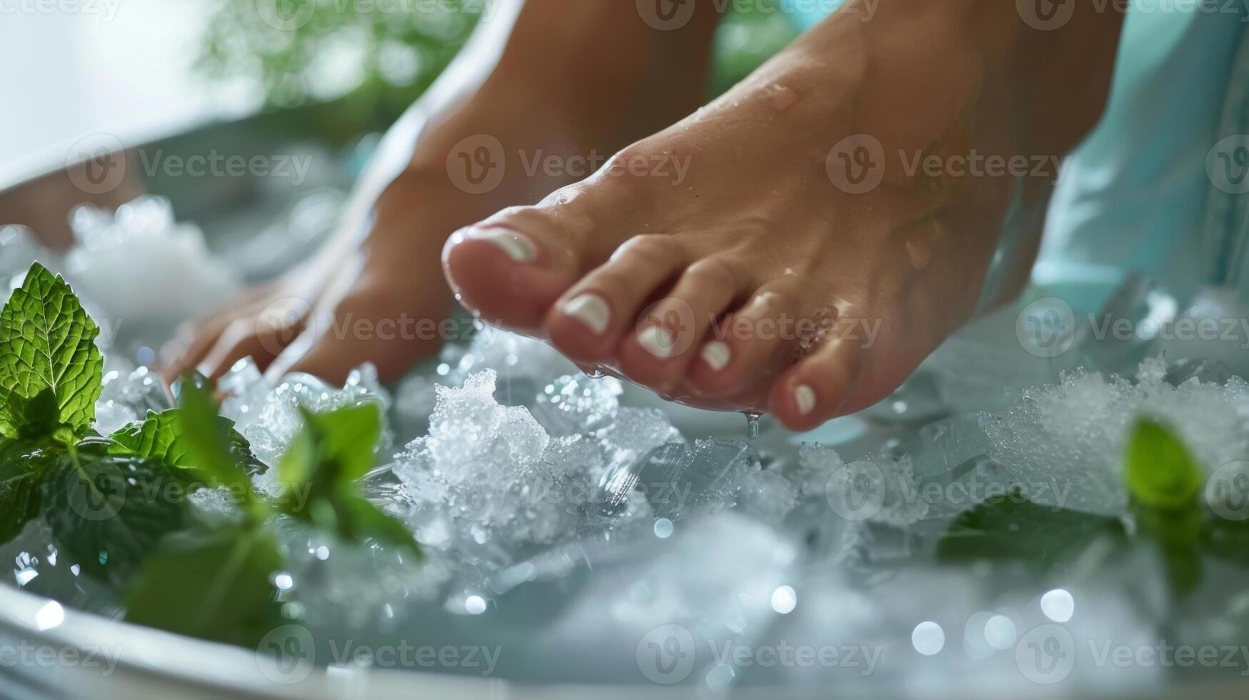 A person sitting at the edge of an ice bath preparing to dip their feet into a blend of icy water and refreshing peppermint oil for a relaxing and invigorating experience photo