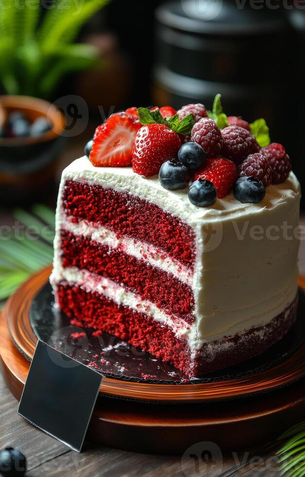 A slice of red velvet cake with strawberries and blueberries on top. The cake is cut in half and has a black label on it. photo