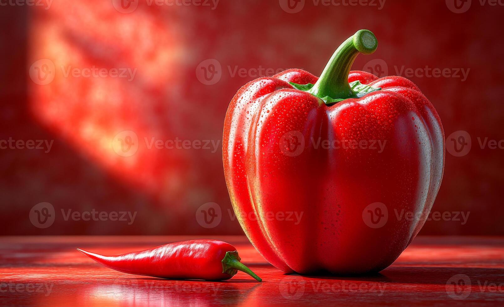 A red pepper sits on a table next to a pepper. The pepper is wet and shiny. photo
