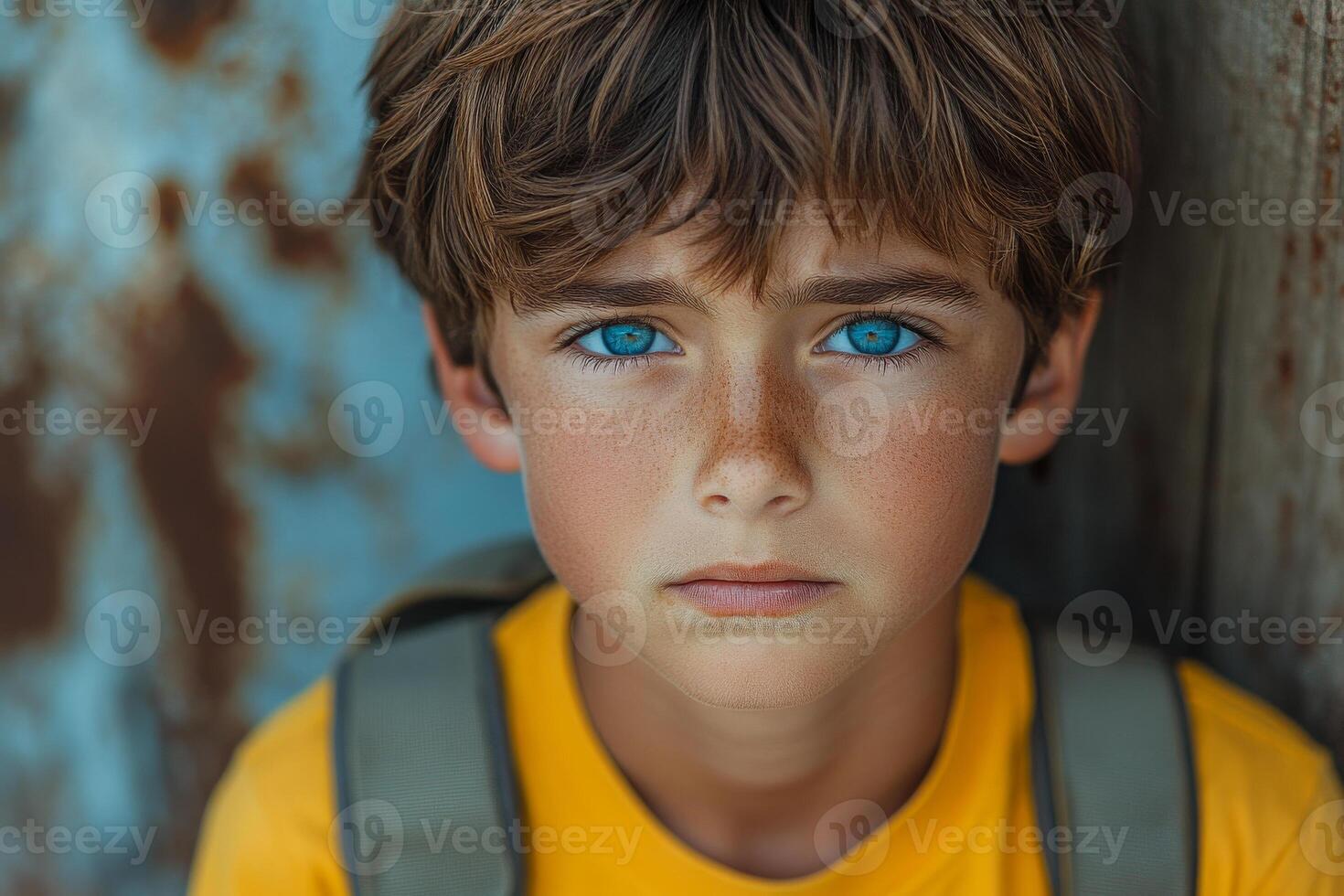 A young boy with blue eyes and a yellow shirt. He has a backpack on his back. The boy is looking at the camera with a serious expression. photo