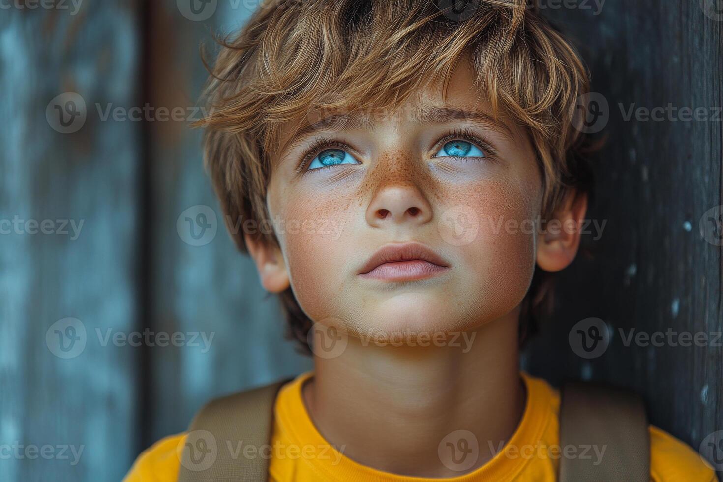 A young boy with blue eyes and a tan complexion stands with his back to the camera. He is wearing a yellow shirt and a backpack. photo