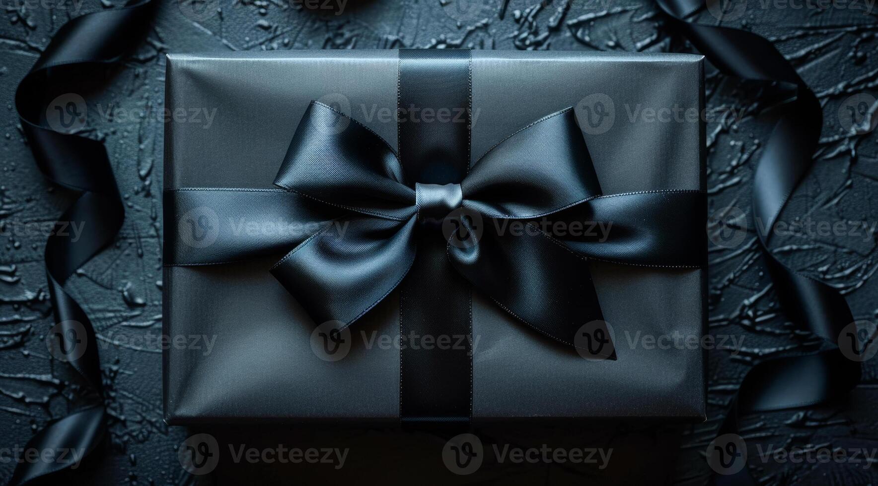 A black box with a bow on top of it. The box is wrapped in black paper and has a ribbon around it. photo