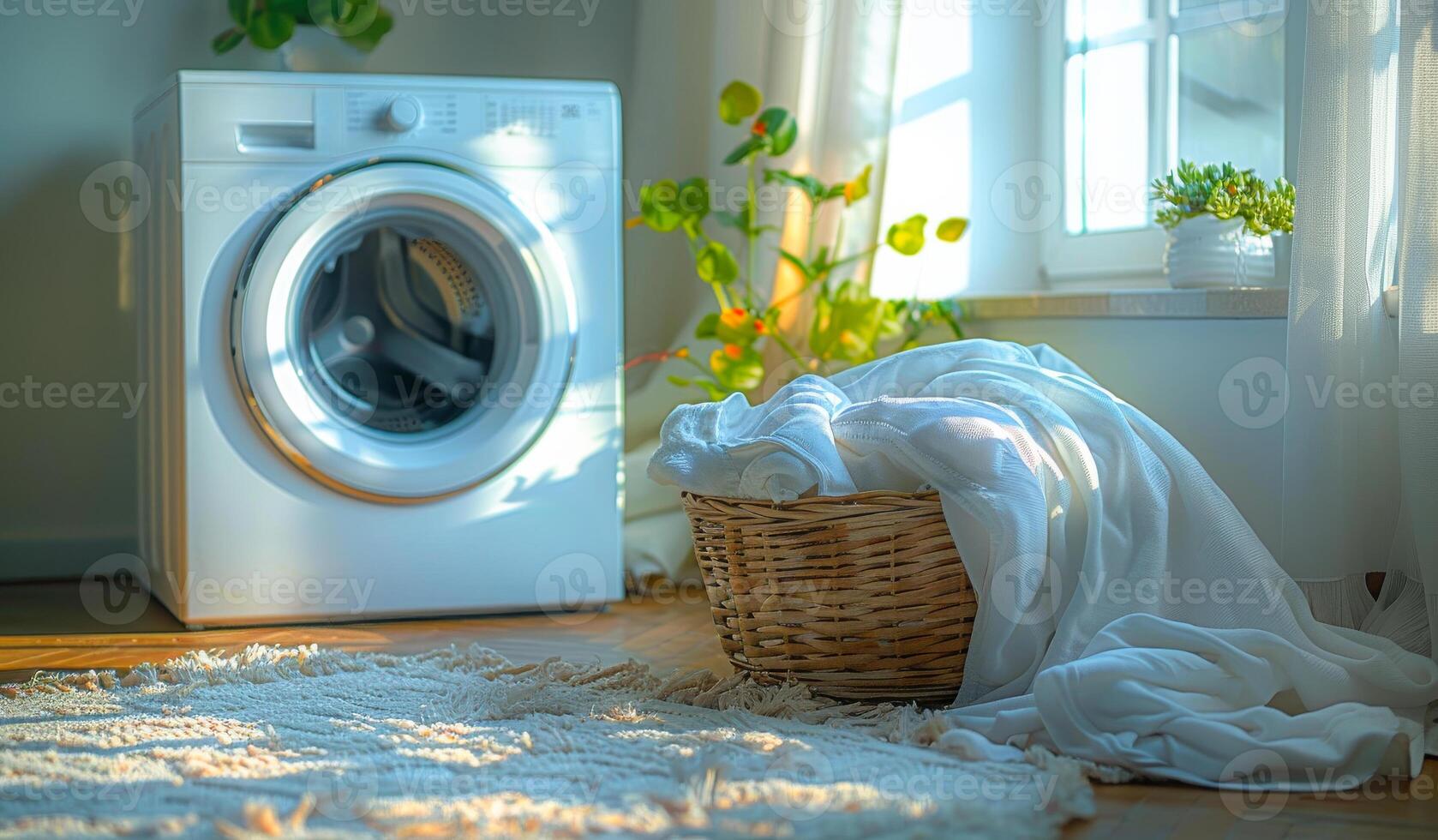 A white washing machine sits in front of a window with a basket of white towels next to it. photo