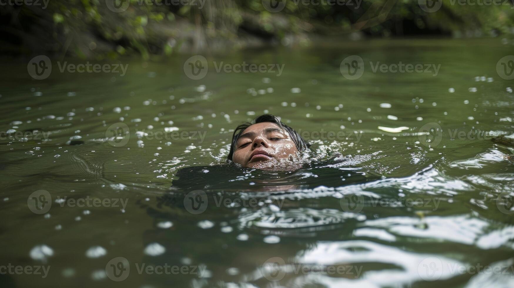 A peaceful river with a person floating on their back eyes closed and fully embraced by the chilly water photo
