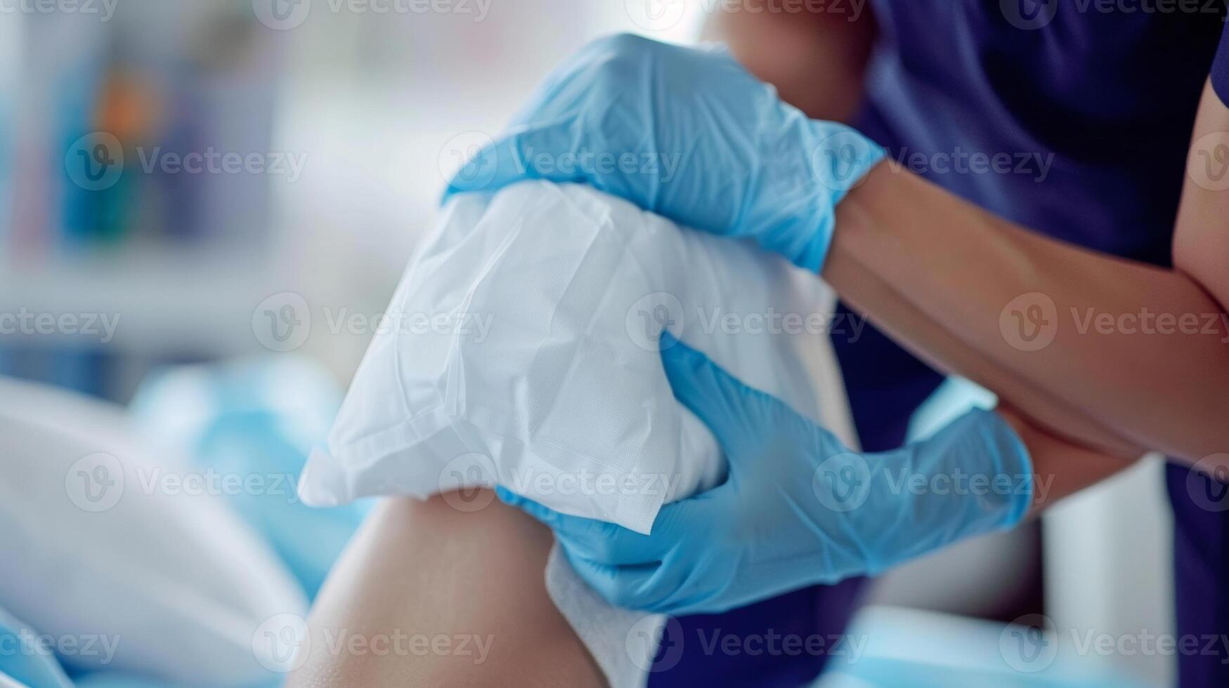 A doctor applying a cold compress to a patients knee to alleviate discomfort and improve joint mobility photo