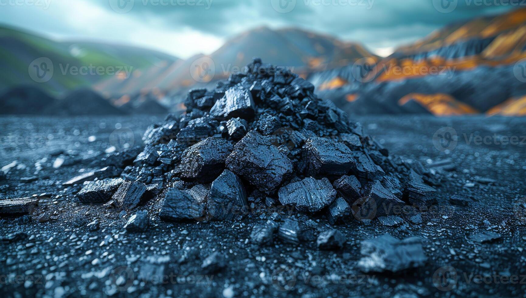 A pile of coal is on the ground in front of a mountain. The coal is black and the mountain is in the background. photo