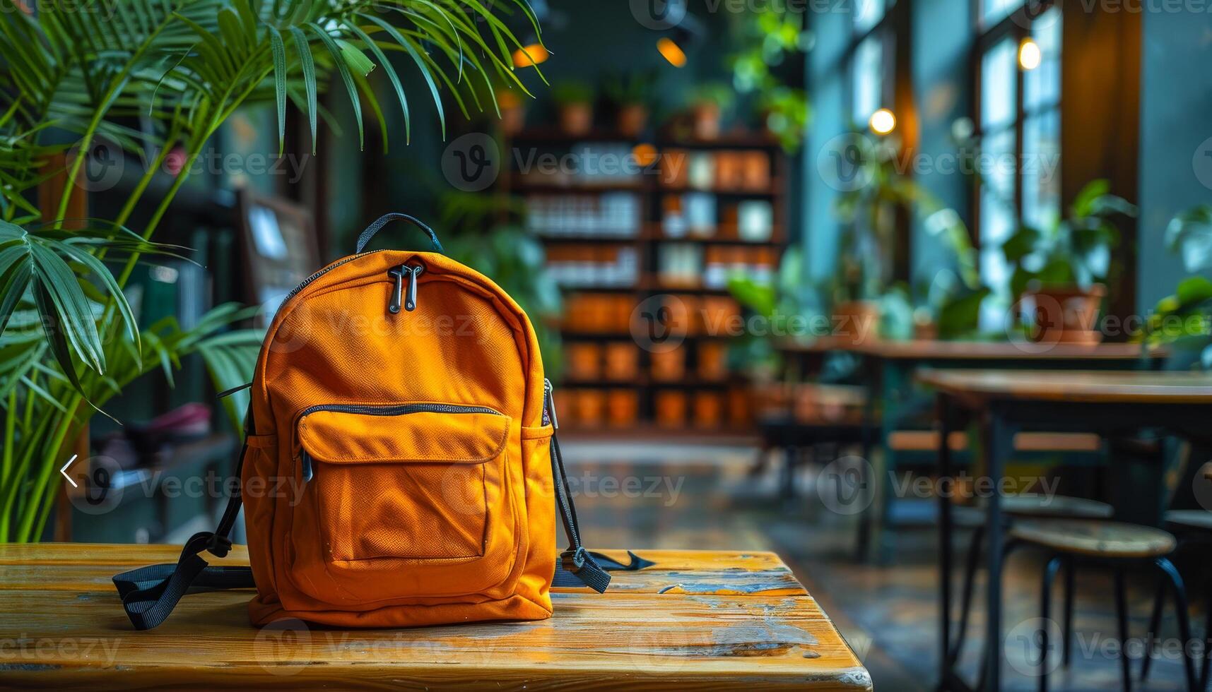 A bright orange backpack sits on a wooden table in a room with potted plants and chairs. The scene gives off a warm and inviting atmosphere, suggesting a comfortable and welcoming environment. photo
