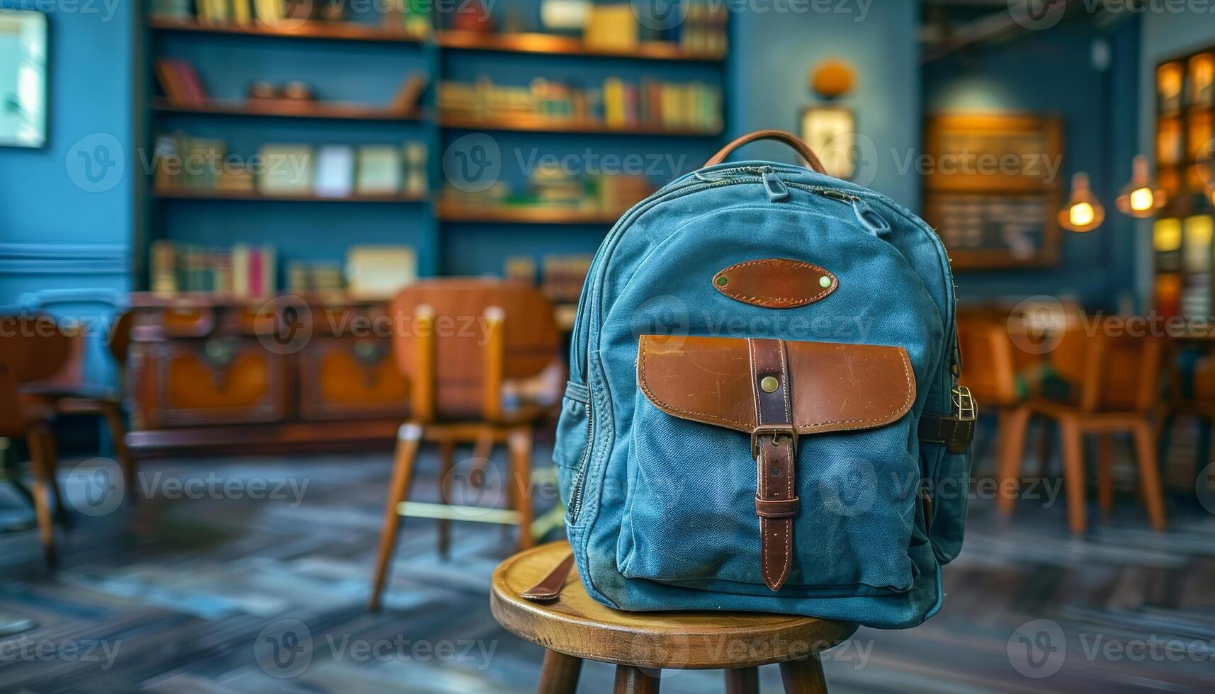 A blue backpack sits on a wooden stool in a room with a lot of books. The room has a cozy and inviting atmosphere, with a mix of wooden furniture and bookshelves. photo