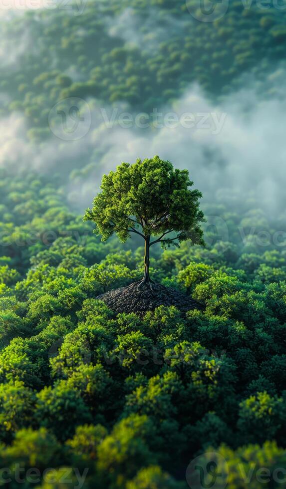 A tree is growing in the middle of a forest. The tree is surrounded by a lot of green trees and bushes. The sky is cloudy and the atmosphere is peaceful. photo