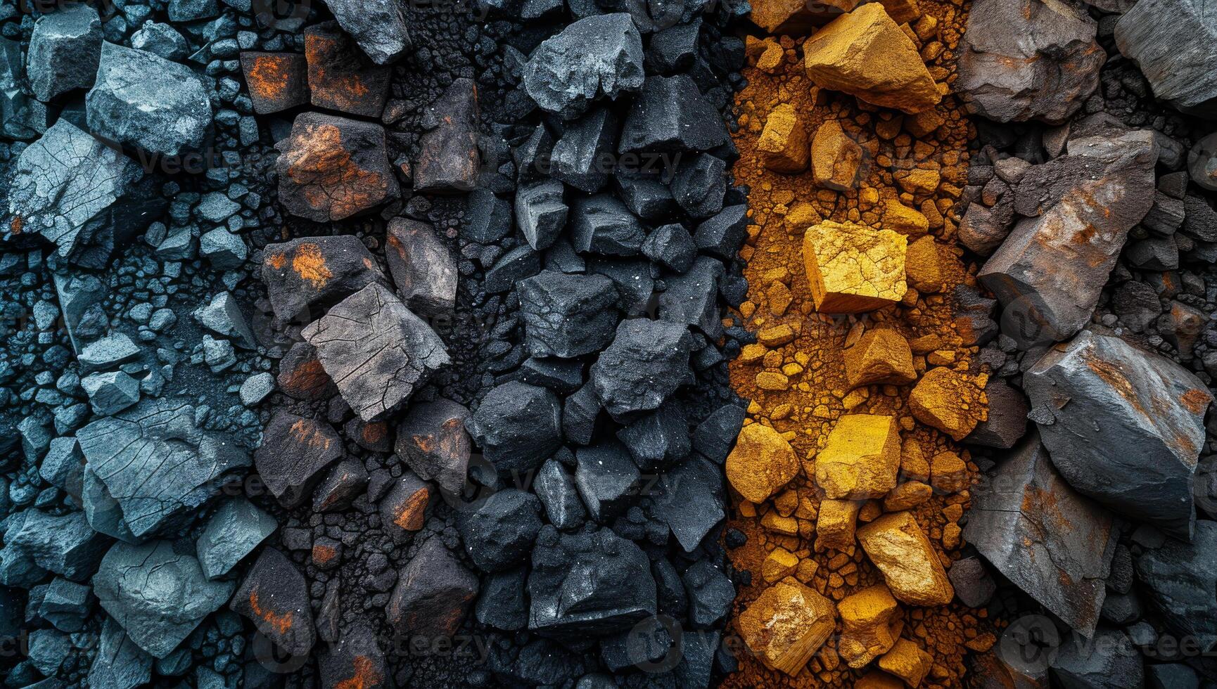 A pile of rocks with a yellow line in the middle. The rocks are of different sizes and colors, with some being black and others being yellow. The yellow line separates the rocks. photo