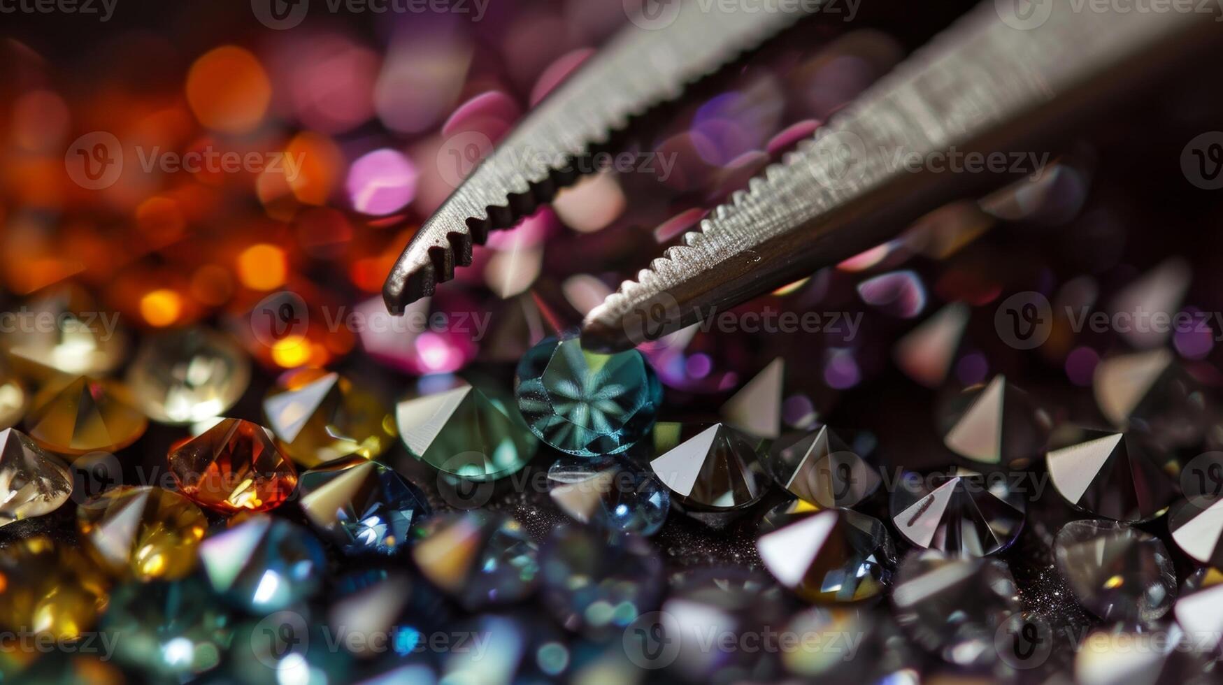 An upclose view of a jewelers pliers the tips delicately holding onto tiny gemstones photo