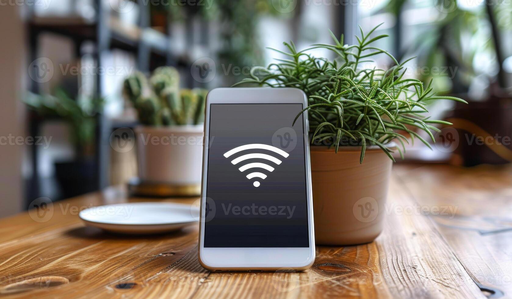 A phone is on a table with a plant next to it. The phone has a wifi symbol on it. photo