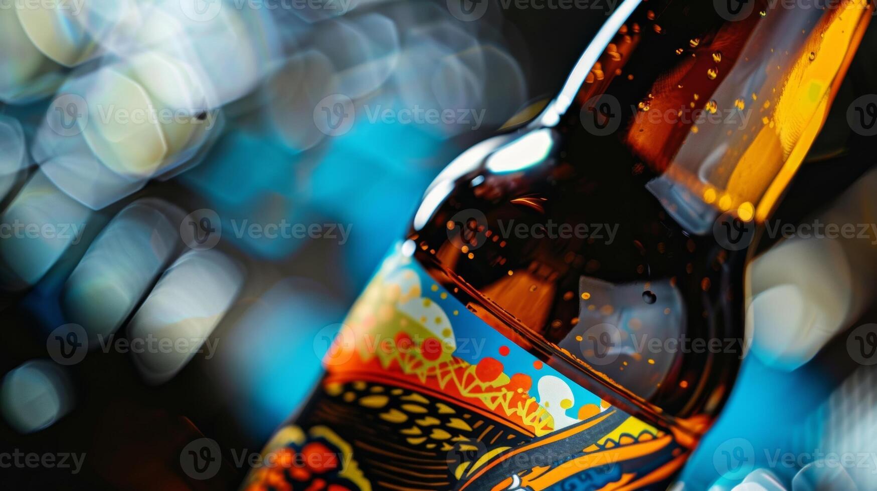 A tightly cropped shot of a craft beer bottle emphasizing the vibrant colors and bold graphics of the label. It showcases an abstract illustration of hops and barley hinting at th photo