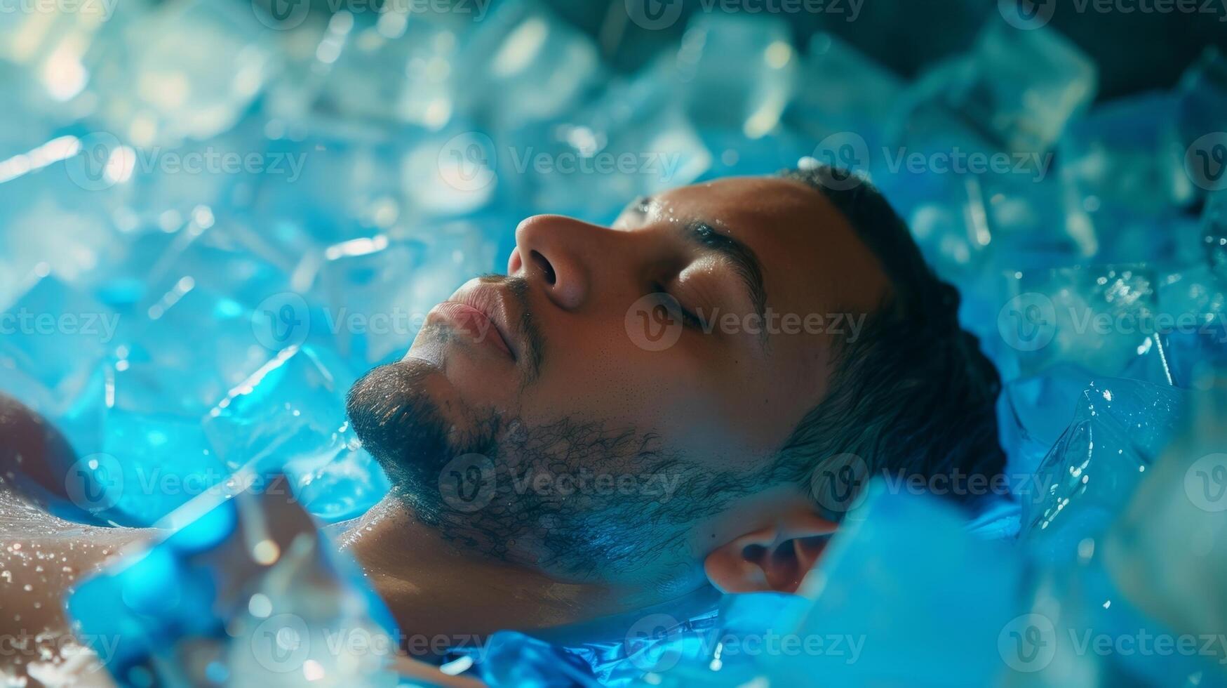 A man leaning back in an ice bath filled with vibrant blue ice cubes visualizing himself in a serene frozen landscape photo