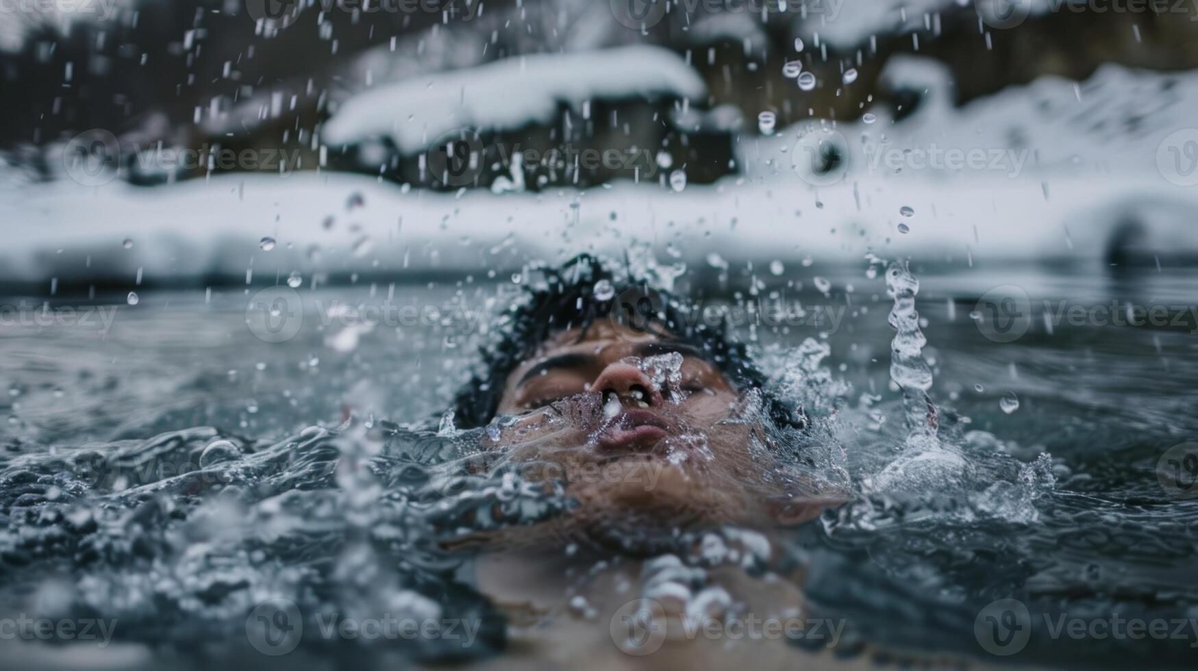 The cold water engulfs the persons body amplifying their senses and bringing heightened awareness to their surroundings photo