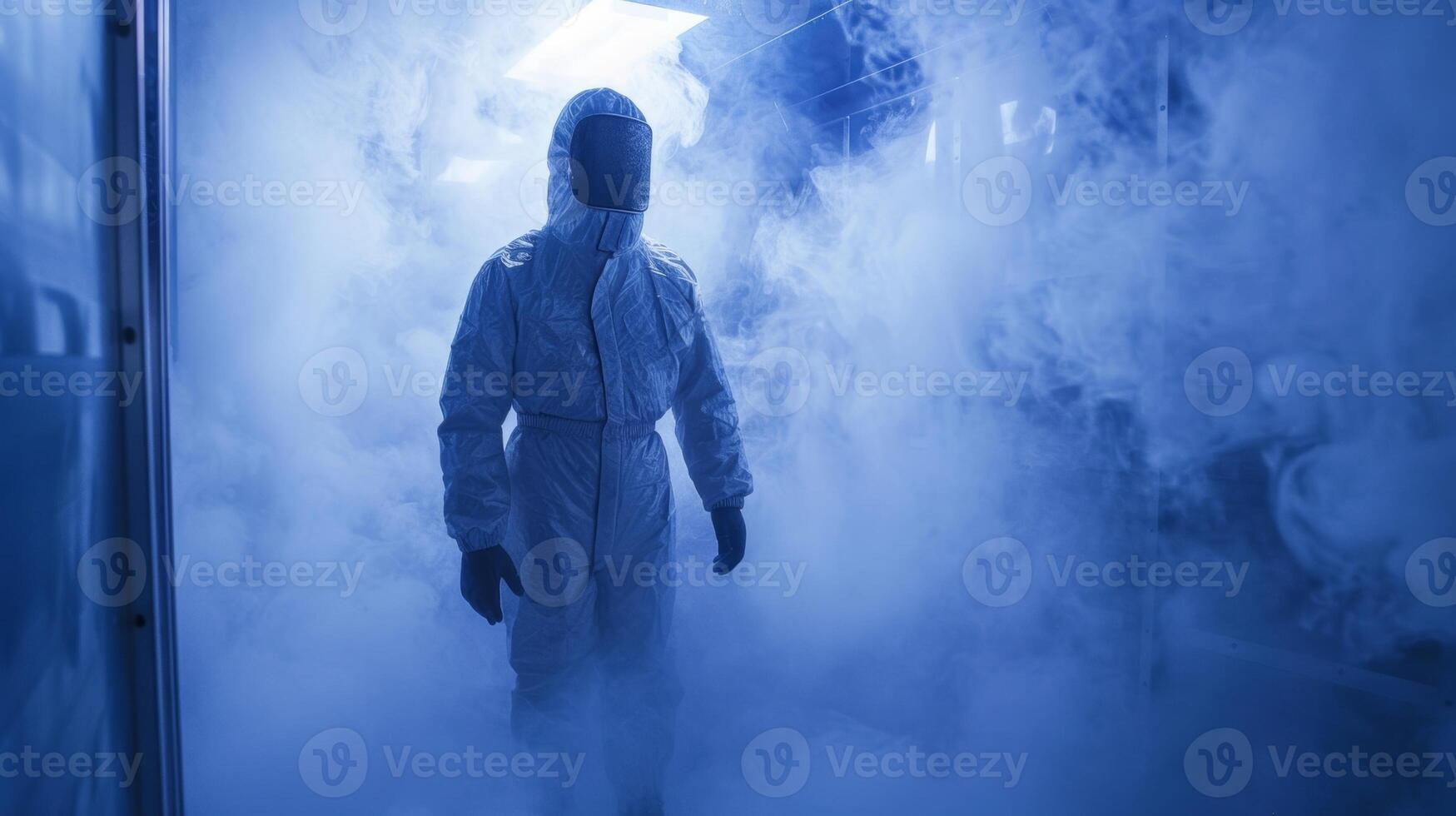 A brave individual braves the intense cold of a cryotherapy chamber their body wrapped in a protective suit as they stand amidst the icy fog photo