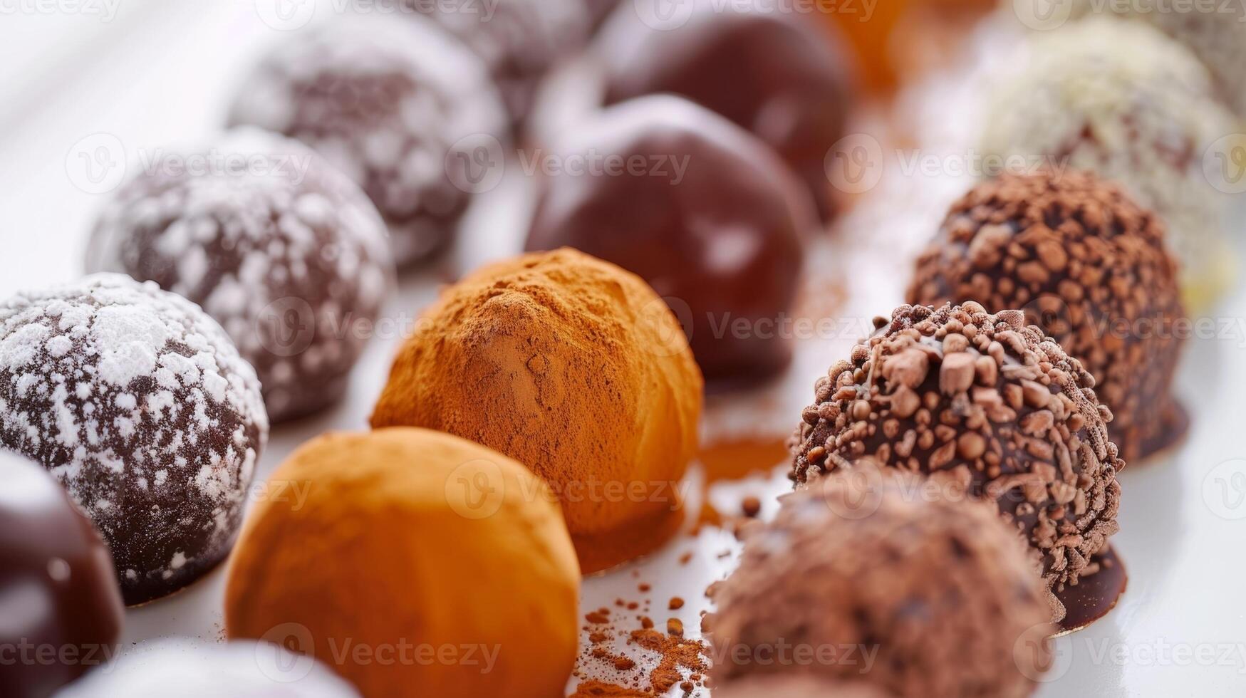 A row of chocolate truffles dusted with powdered sugar and filled with unique flavors such as lavenderinfused ganache citrus creme and honeycomb photo