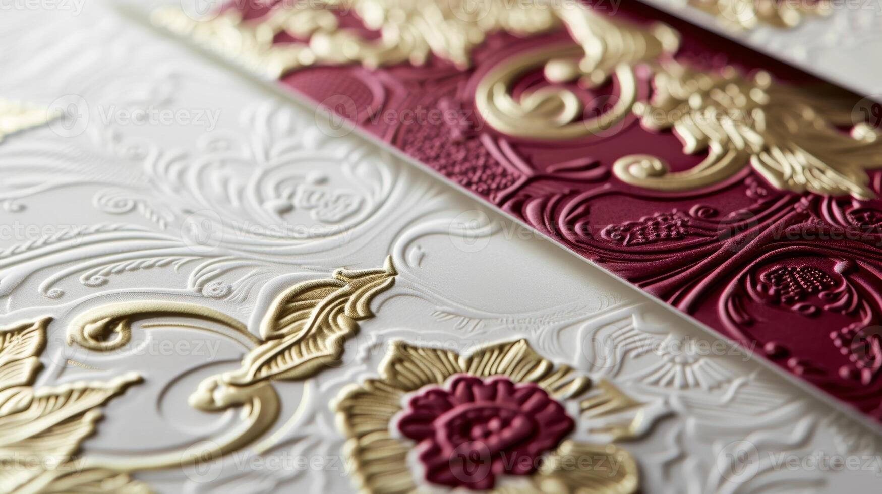 A detailed shot of a set of embossed stationery featuring a traditional crest design in rich burgundy and gold. The crests are raised and create a stunning contrast against the smoot photo