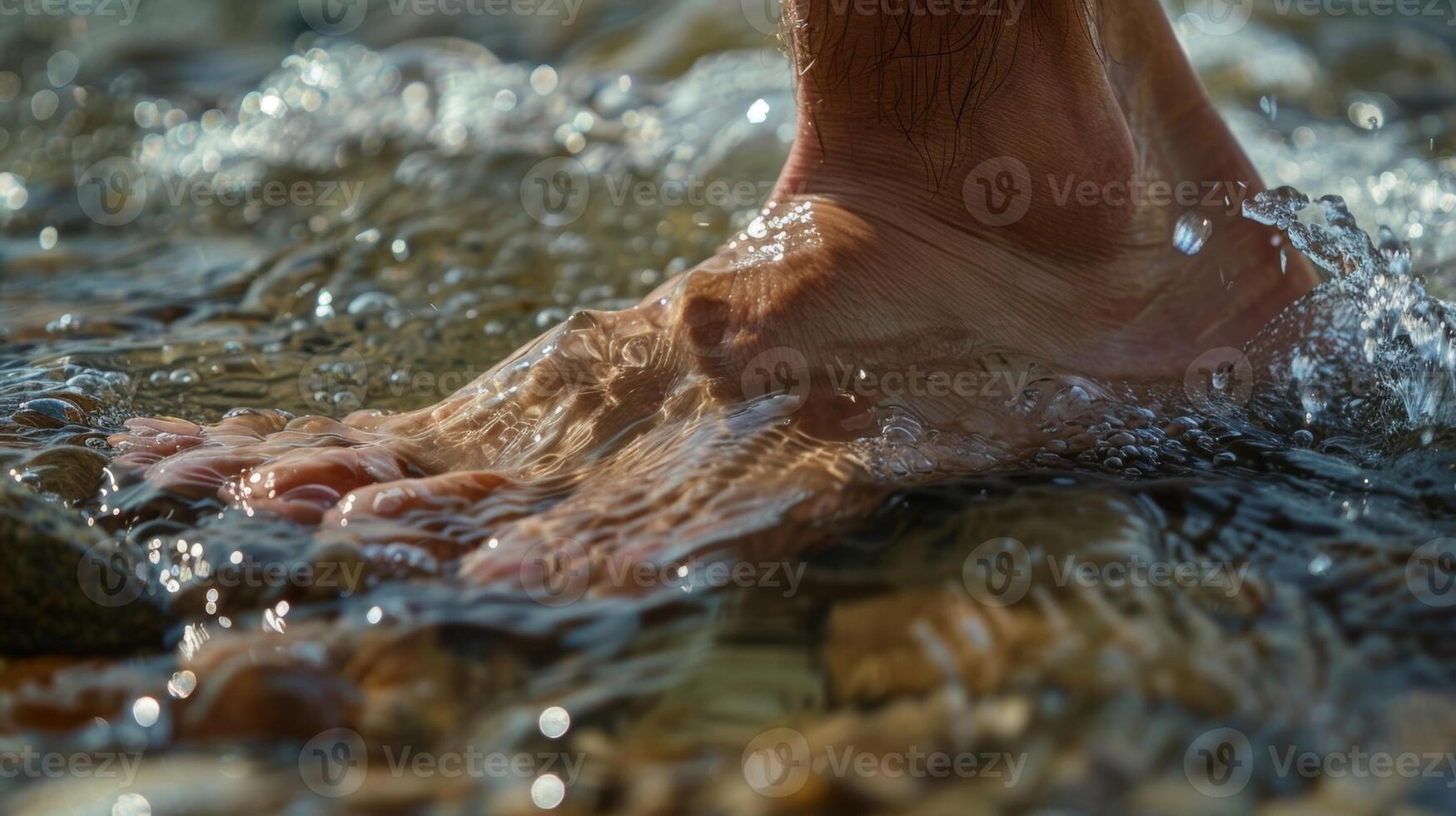One foot cautiously stepping in and then quickly adjusting to the temperature of the cold water photo