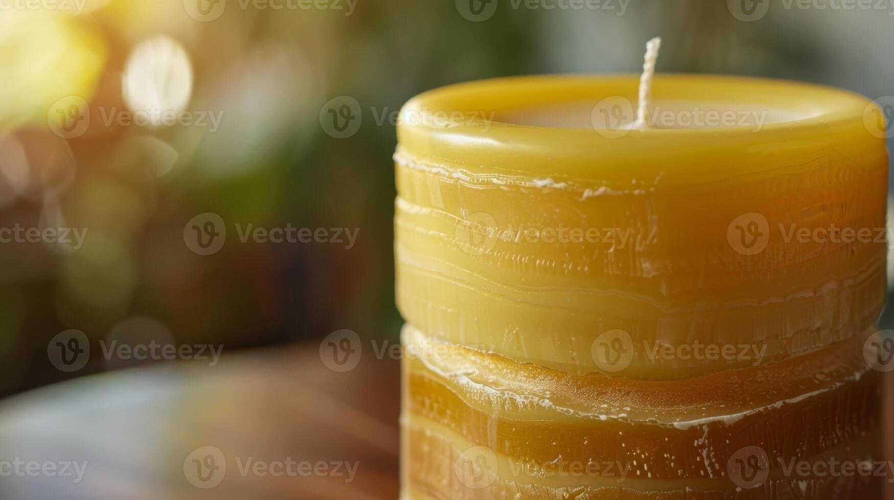 A closeup of a handdipped pillar candle giving a glimpse of the layers of beeswax bayberry wax and essential oils used to create this custom blend photo