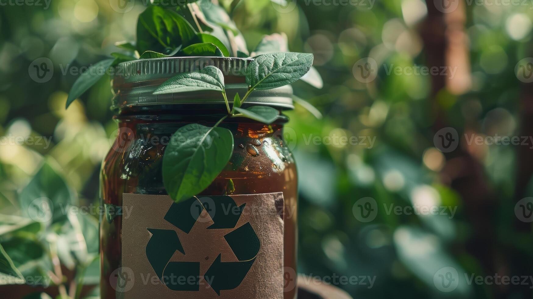 A label on a glass jar proudly proclaims its use of recycled materials highlighting its commitment to reducing waste photo