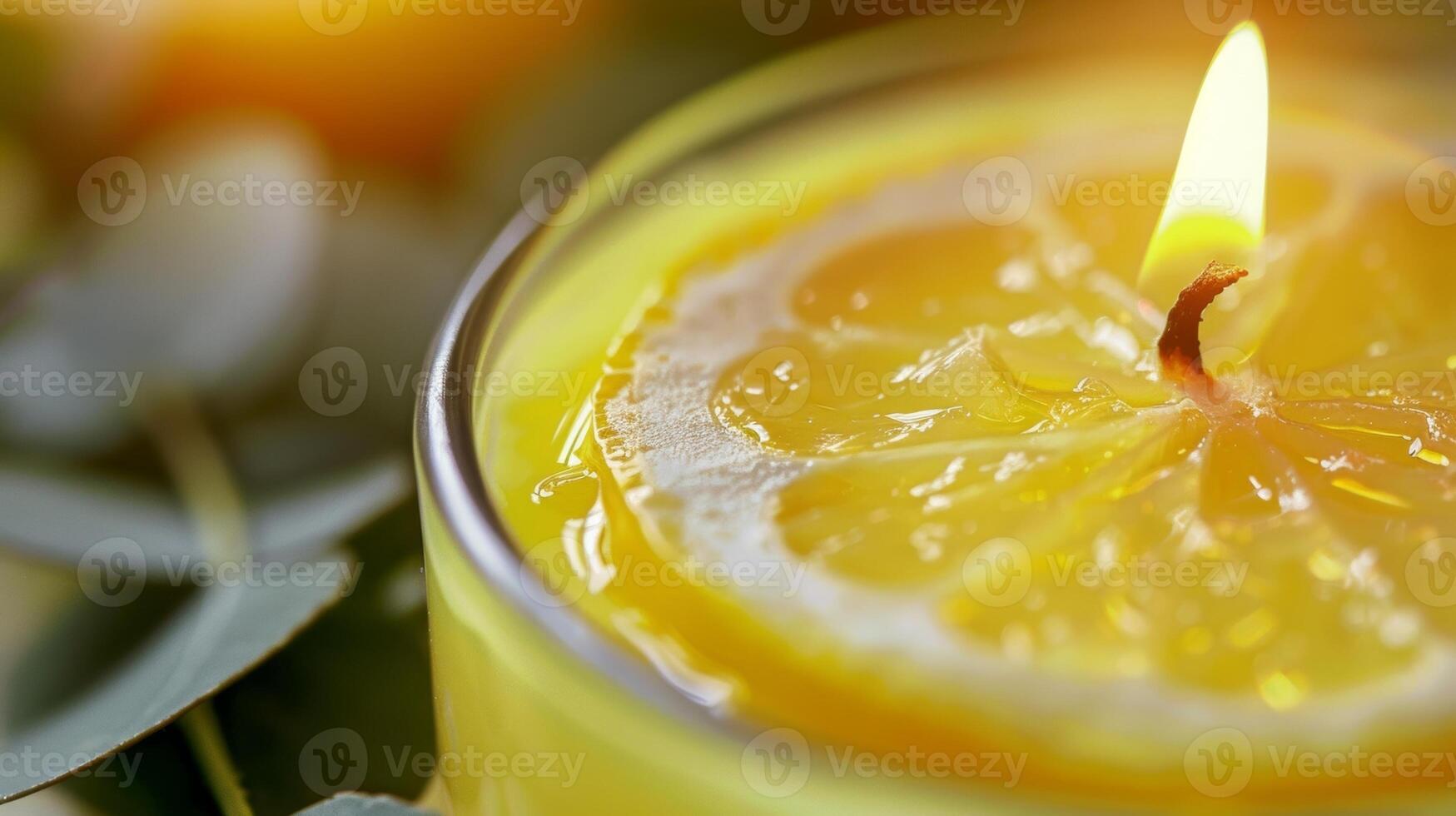 A zoomedin view of a handpoured citronella candle highlighting the natural lemon and eucalyptus leaves suspended in the wax perfect for keeping mosquitoes at bay photo