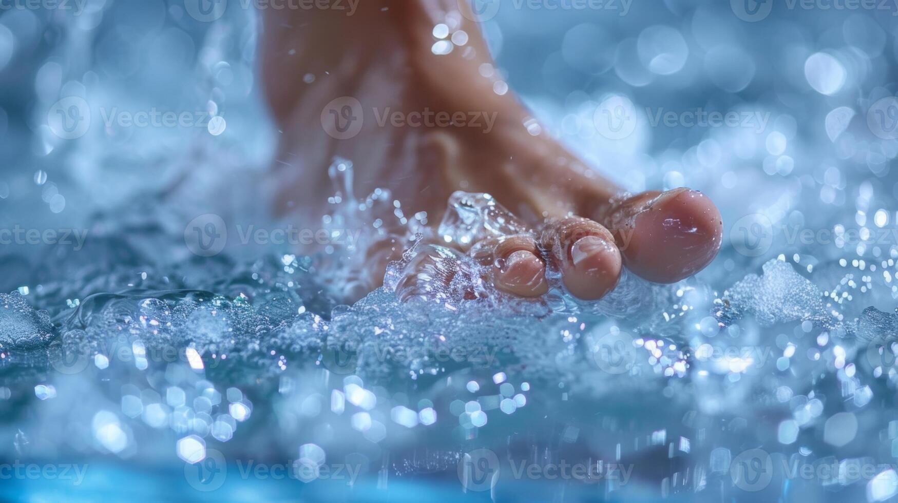 A closeup of a persons foot breaking the surface of an icy bath showcasing the chill and rejuvenating sensation of the water against the skin photo
