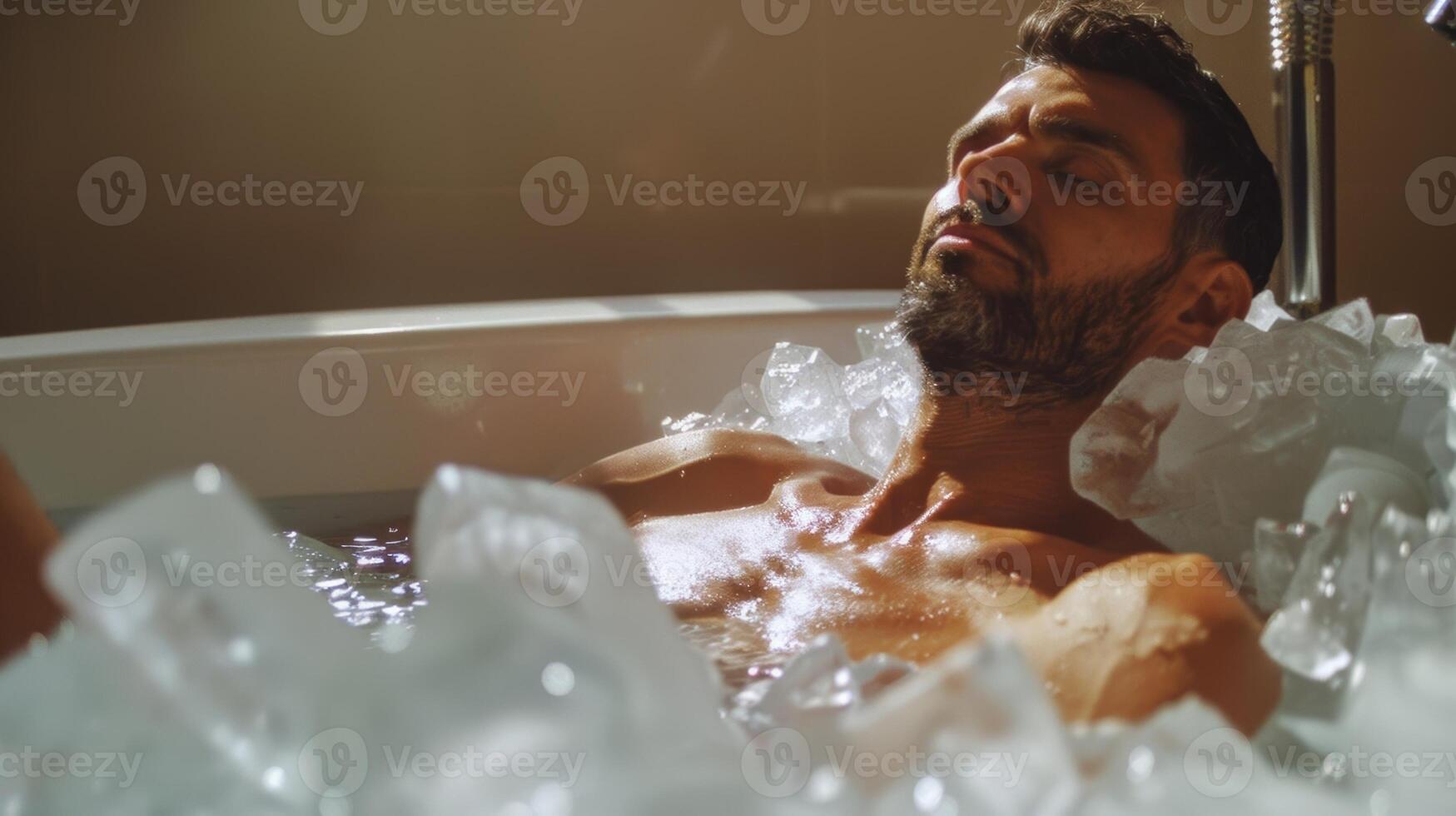 A man sitting in a bathtub filled with ice cubes focusing on his breathing as he practices. photo
