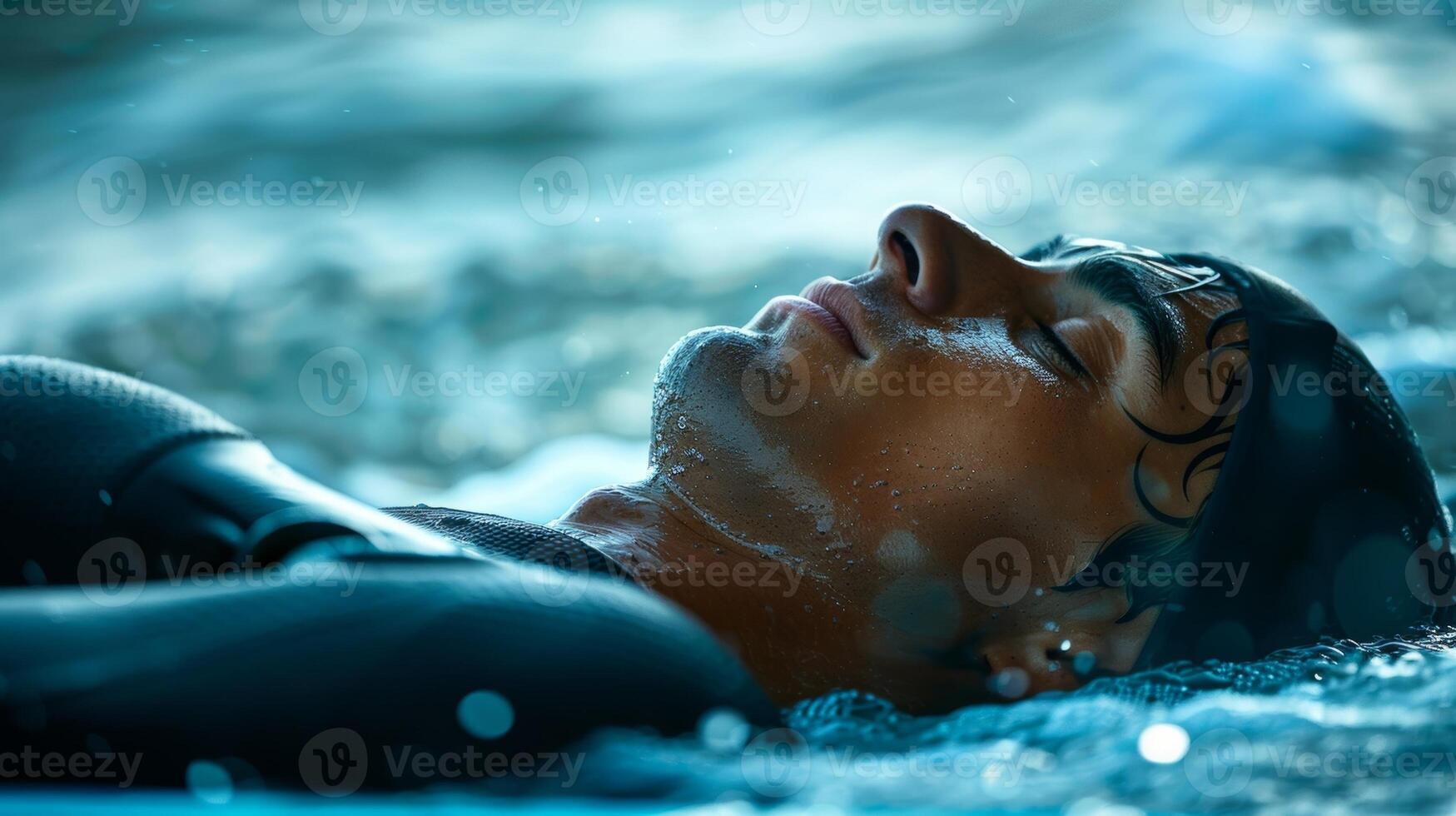 A surfer lies down on a towel towel his wetsuit half unzipped as he catches his breath and lets the chilly air dry his skin photo