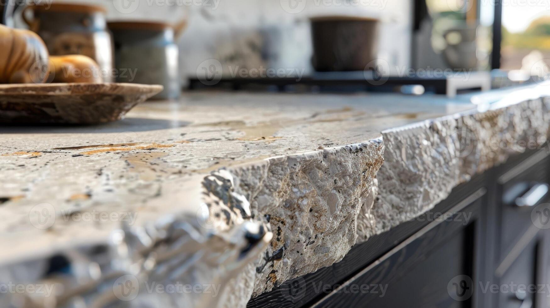 The closeup of this natural stone countertop showcases its unique texture with small irregular divots and crevices that add character and depth to the stone photo