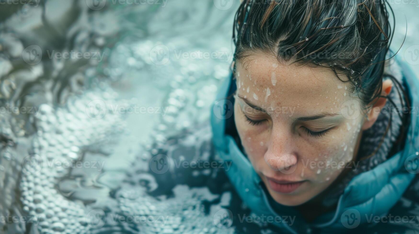 A woman stands waistdeep in a pool of icy water her eyes closed in meditation as she works to release tension and negative energy from her body photo