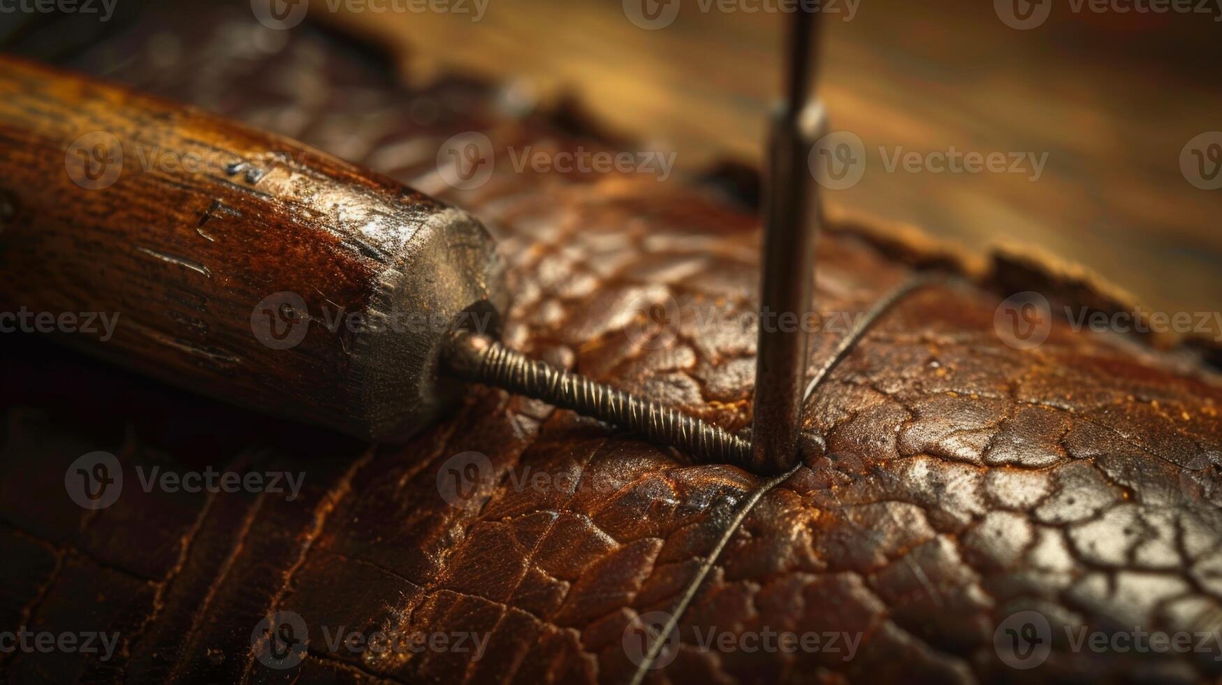 A leatherworkers stitching awl the sy handle bearing marks from countless punctures photo