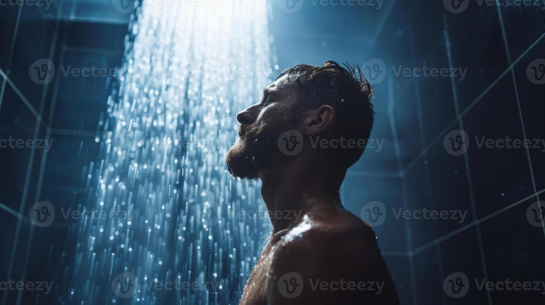 A man standing in a cold shower to improve his ability to stay calm and grounded in uncomfortable situations photo