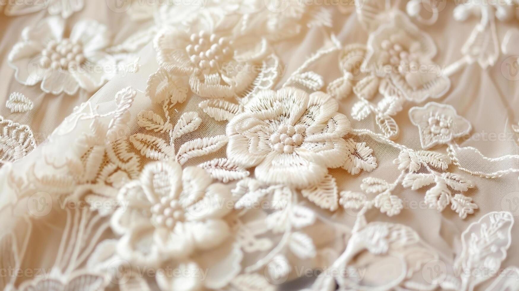 A closeup of a vintage lace fabric with delicate white lace flowers and leaves adorning a background. The fine details of the lace are highlighted in the upclose shot photo