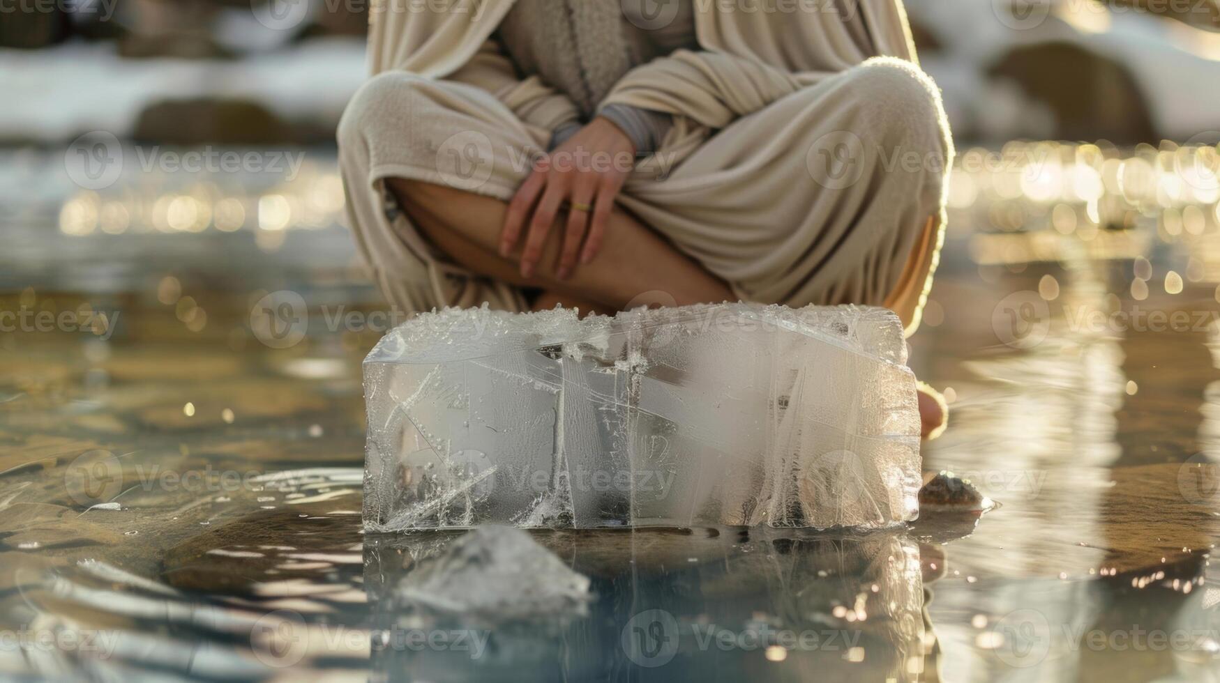 An individual wrapped in a towel sitting crosslegged on a block of ice for a refreshing cooldown photo