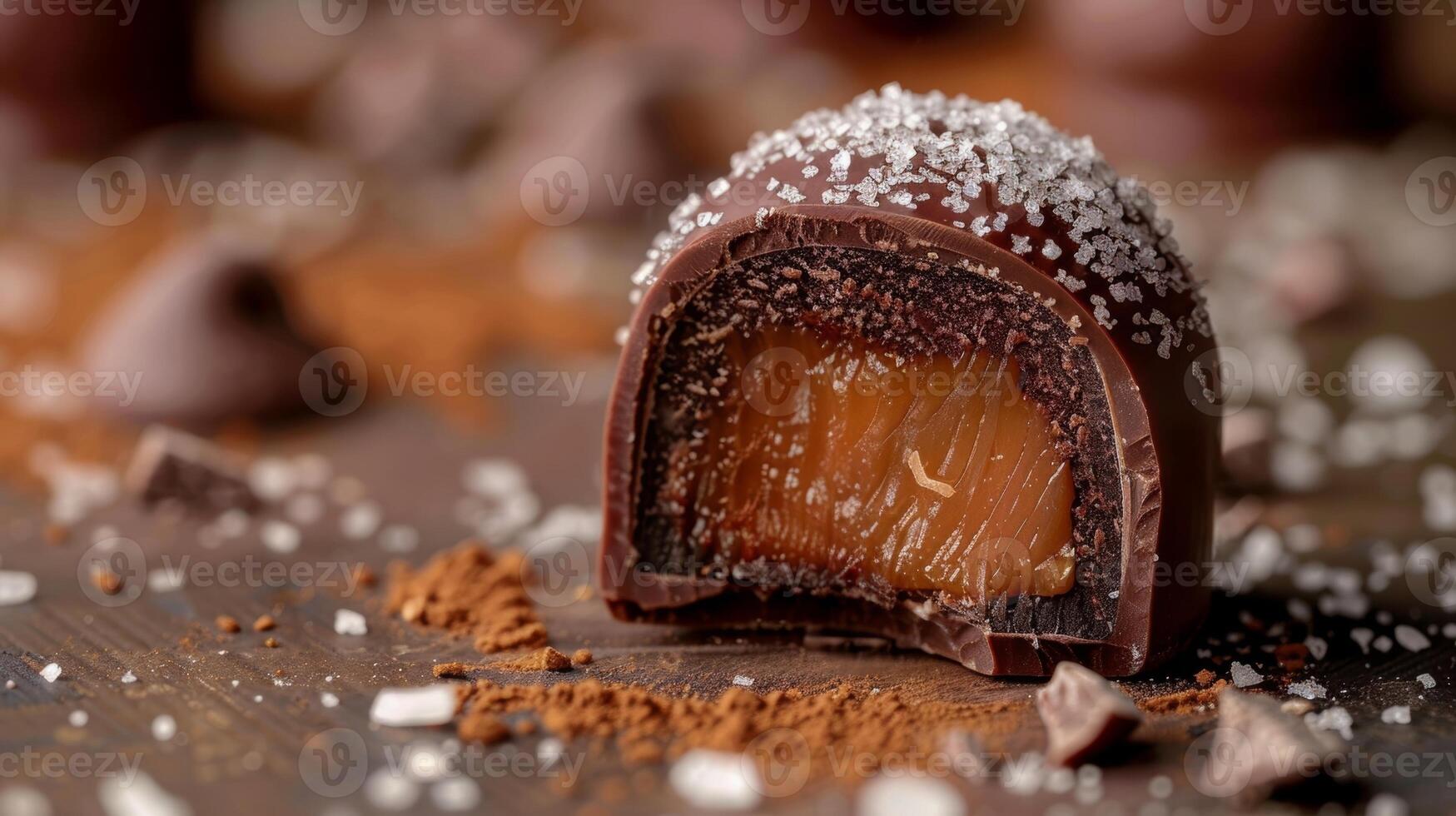 A crosssection of a round chocolate truffle showing the layers of chocolate and creamy caramel filling sprinkled with sea salt for a delightful contrast of flavors photo
