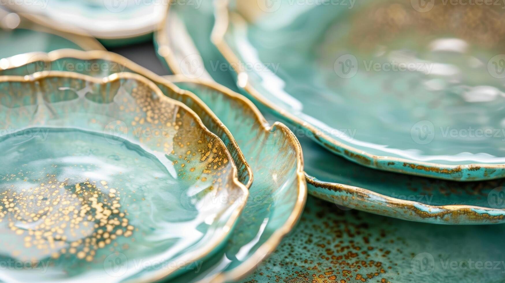 A set of handcrafted ceramic plates in various sizes each delicately glazed in hues of turquoise and gold for a stunning oneofakind look photo