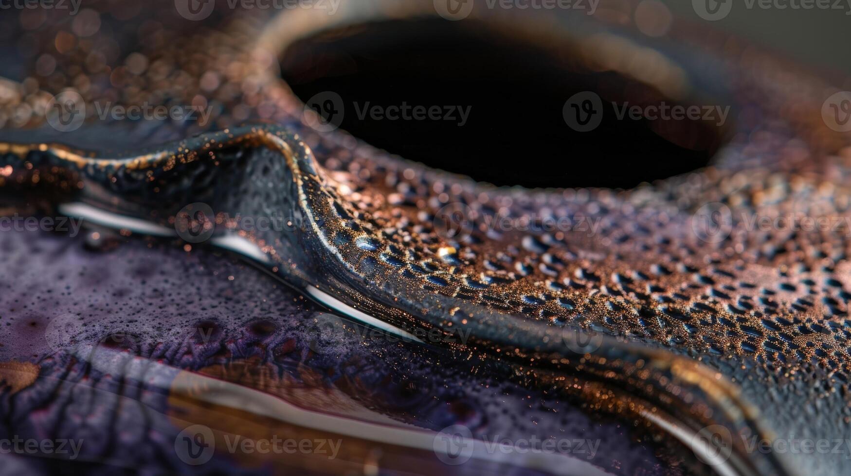 The depth and dimension of a ceramic pitcher with layers of deep purple glaze intermixed with touches of metallic copper and black photo